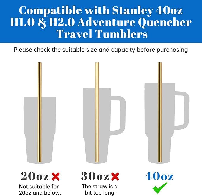 Tomorotec 8PCS Stainless Steel Straws Fit for 40oz Stanley Tumblers, Gold | 12" Reusable Drinking Straws with Brush, 4 Bent & 4 Straight Straw for Smoothies, Milkshakes, Iced Coffee, Dishwasher Safe