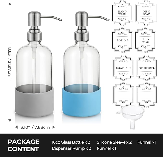 16 oz Hand and Dish Soap Dispenser Set for Kitchen and Bathroom, 500ml Clear Glass Soap Dispenser with Stainless Steel Pump, Non-Slip Silicone Sleeves, Labels - 2 Pack