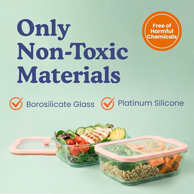 Ziruma Non-Toxic Glass Food Containers with Lids, 4-Pack, Multi-Size, Gray | Plastic & BPA free. Glass body, glass lid & platinum silicone seal. Airtight & leakproof. Freezer & microwave safe.