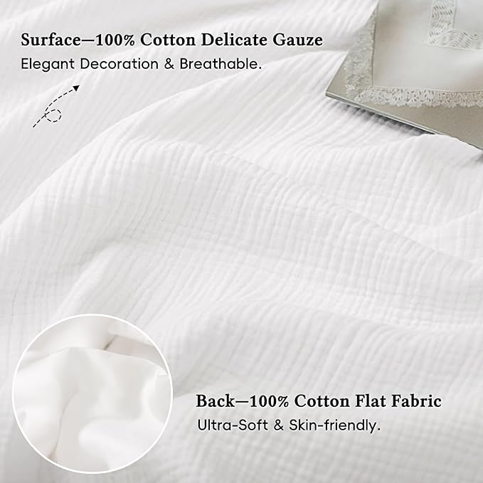 David's Home 100% Cotton Muslin Duvet Cover Set Queen Size,3 Pcs Ultra Soft Breathable & Lightweight Gauze Bedding Set with 2 Pillowcases,Textured Home Decor with Button, 90"×90" White,No Insert