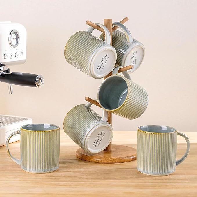 theterra Ceramic Coffee Mugs Set of 4, 14.2oz Handmade Coffee Cups with Handle for Latte, Tea, Milk, Beer, Hot Cocoa, Desert Sage
