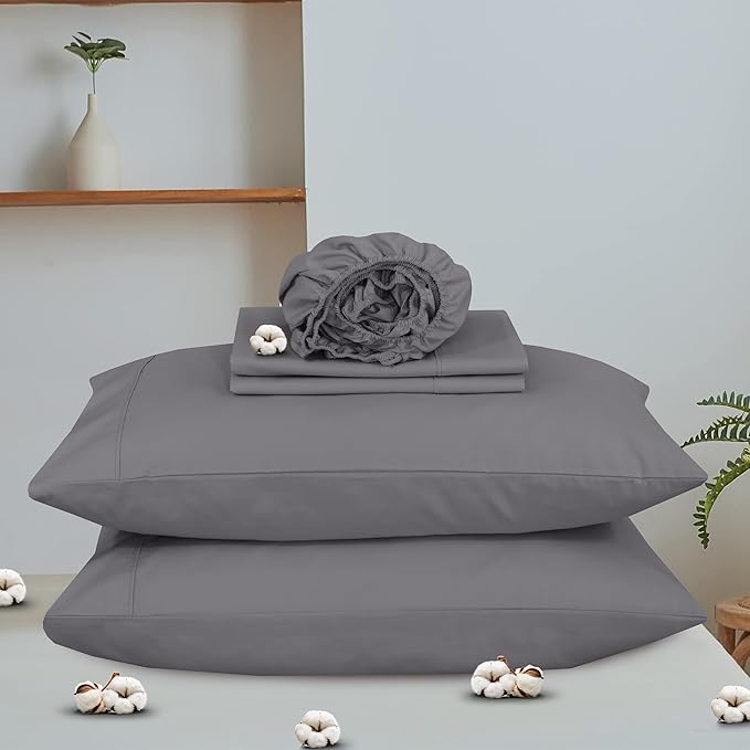 RUVANTI 100% Cotton Organic Percale Sheets Queen Size – Crisp Cooling Bed Sheets for Hot Sleepers, Deep Pocket 15”, Soft Peach Finish, Breathable & Durable Hotel-Style 4 Pcs, Silver Filigree