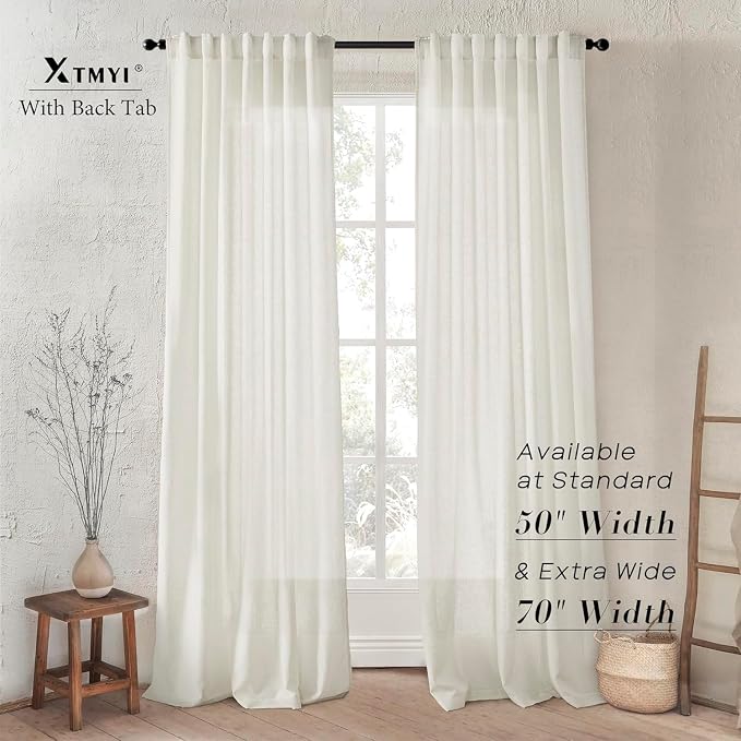 XTMYI 105 Inch Curtains 2 Panels Set Custom Length Back Tab Linen Window Sheer Curtain Drapes for Living Room Bedroom,50x105 in Long,Cream(Ivory/Off White)