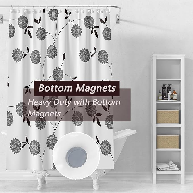 TIKABC Shower Curtain Liner, 4G PEVA Black and White Tree Flower Shower Liner, Plastic Waterproof Shower Curtains, 72x72 inch with Grommet Holes 3 Magnetic Weights