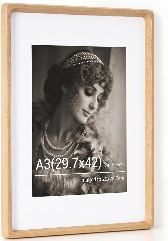 A3 Picture Frame, USA-Sourced Beech Wood Photo Frames with HD Tempered Glass, Handcrafted Rounded Corner A3 Wooden Frame Matted to A4 Photos, Tabletop or Wall Display