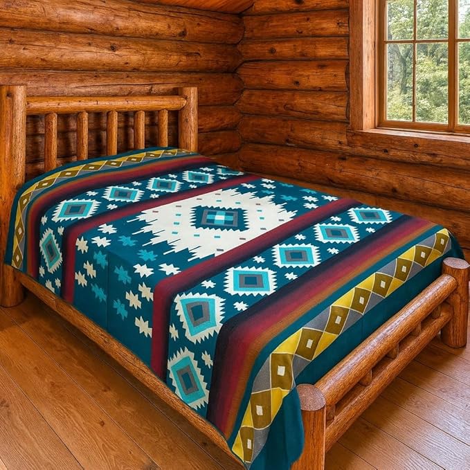 Alpaca Wool Blanket | Soft, Non-Itchy, Breathable & Hypoallergenic | Handmade in Ecuador (Green and Turquoise Diamond, King (100" x 83"))