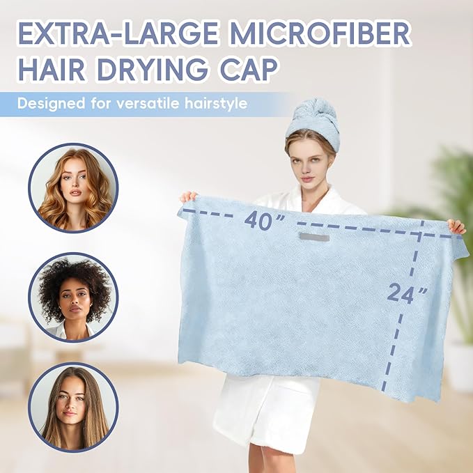 Large Microfiber Hair Towel for Women, Super Soft Absorbent Quick Dry Hair Towel Wrap with Elastic Band, Fast Drying Anti Frizz Hair Turban for Curly Long Thick Wet Hair Care 24''x40'' (Blue)
