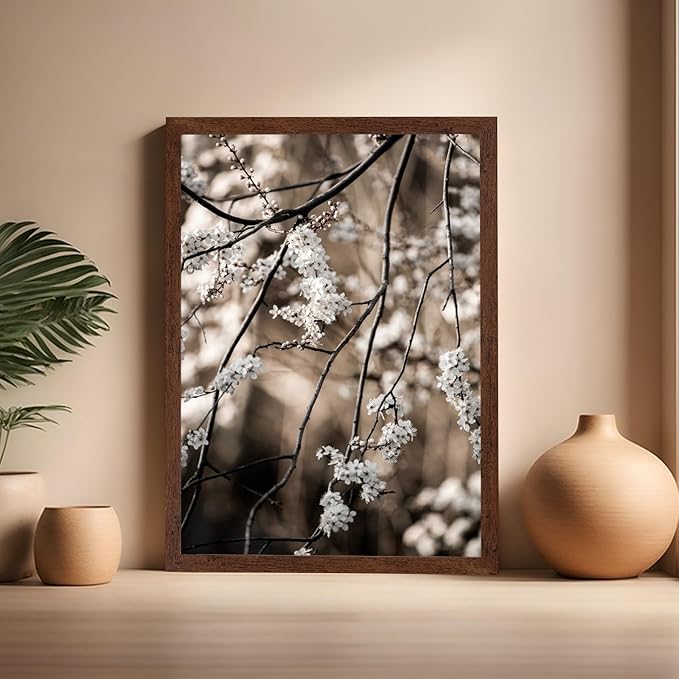 Monem Art Cherry Blossom Branch Photography Print - Moody Botanical Nature Art Poster - Wall Decor for Living Room, Bedroom or Office - 16x20 Brown Framed Wall Art by Mareike Bohmer