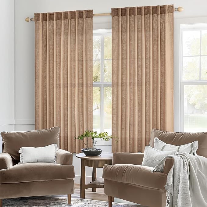 MIULEE Light Brown Short Linen Curtains 45 Inch Length 2 Panels for Kitchen Bedroom Bathroom, Soft Thick Linen Textured Basement Window Drapes Semi Sheer Light Filtering Back Tab Burlap Look Decor