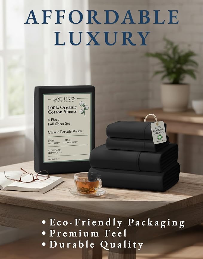 LANE LINEN Full Sheet Set 100% Organic Cotton Soft 4pc Percale - Black | Full Sheets In 100% Organic Cotton Percale - All-Season Comfort, For Guest Bedrooms, Naturally Cooling & Lightweight