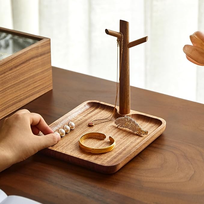 Solid Acacia Wood Key Tray and Bowl for Entryway Table - Jewelry Tray With 3 Hooks, Open Storage for Wallet, Glasses, Watches, Lipstick (Acacia, Square)