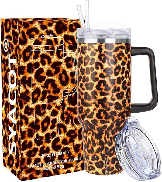 SYACOT 40 oz Tumbler with Handle and Straw Stainless Steel Insulated Tumbler Leak Proof Lid and Straw Lid Reusable Travel Mug Coffee Mug Cup Dishwasher Safe Keep Drinks Cold and Hot (Leopard)