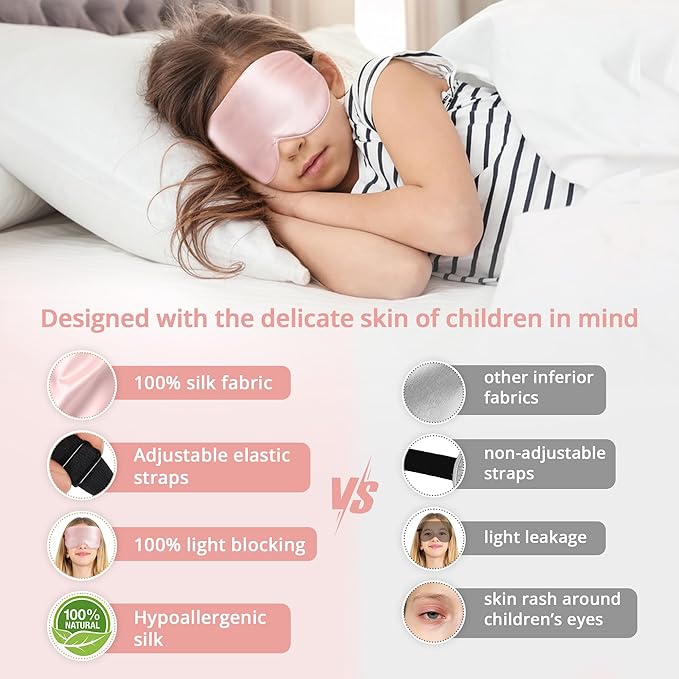 Kids Sleep Mask Eye Cover, 100% Real Natural Pure Silk Eye Mask with Adjustable Strap, Blindfold Kids Eye Mask for Sleeping, Eye Shade for Boys Girls and Adult, Pressure-Free Comfort (Pink)