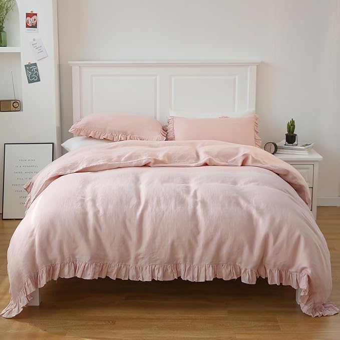 Simple&Opulence 100% Linen Duvet Cover Set, Natural French Flax Blush Pink Ruffle Duvet Cover Twin Size, Breathable Comfy Linen Bedding Comforter Cover with 1 Pillowcase (Blush Pink, 68" X 86")