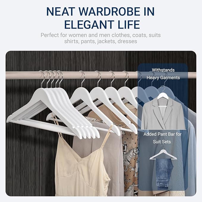 Amber Home 30 Pack White Wooden Coat Hangers, White Wood Suit Hangers with Non-Slip Pant Bar, Clothes Hangers for Closet Organization, Shirts, Jackets, Dresses, and Pants (White, 30)