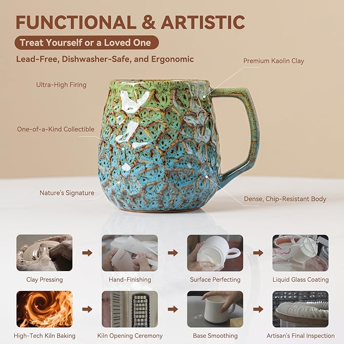 18oz Unique Kiln-Change Ceramic Coffee Mug, Handcrafted Hammered Texture Ceramic Mug with Ergonomic Handle, Microwave & Dishwasher Safe, Gift for Coffee Lovers, Home Office Daily Use (Green & Blue)