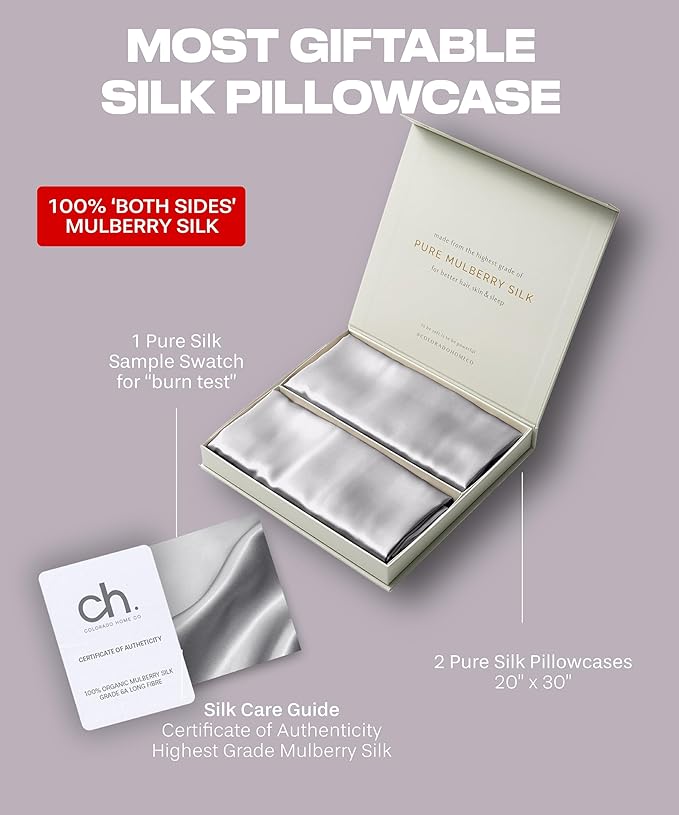 SUNDAYSILKS™ | Silk Pillow Cases 2 Pack | 22 Momme Mulberry Silk Pillowcase Set of 2 | All Sides 100% Pure Silk Slip Pillowcases Bliss for Couples, Zipper | Standard Queen, King Size [Silver Quartz]