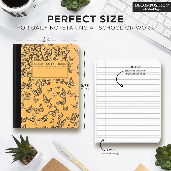 Decomposition Monarch Migration College Ruled Composition Notebook - 9.75 x 7.5 Journal with 160 Lined Pages - Cute Notebooks for School Supplies, Home & Office - 100% Recycled Paper - Made in USA