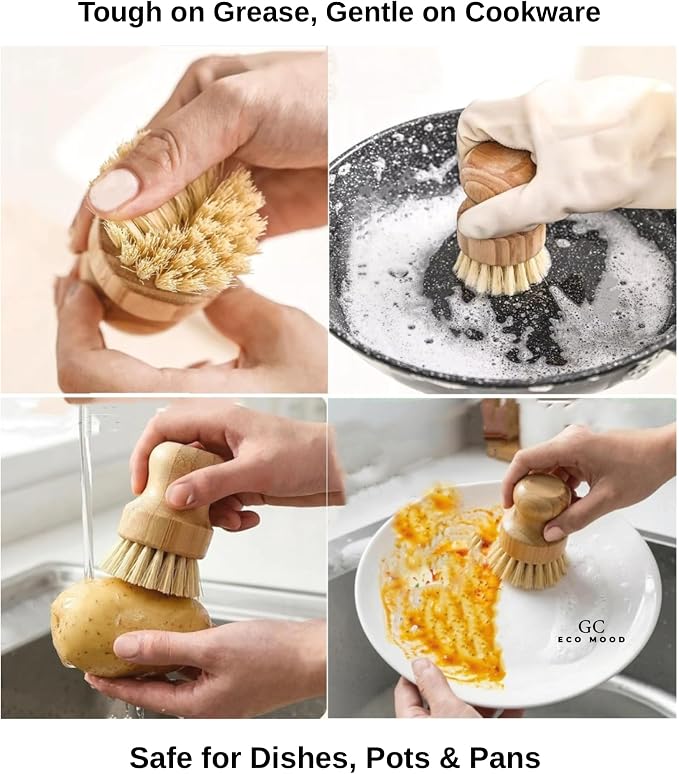 Bamboo Dish Brush 2-Pack – Natural Sisal Bristles, Eco-Friendly Kitchen Cleaning Brush, Wooden Scrubber for Dishes, Pots & Pans
