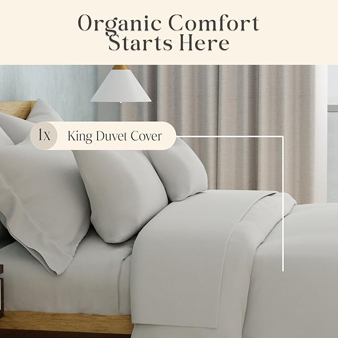 Delilah Home 100% Organic Cotton Duvet Cover, GOTS & Vegan.org Verified, Long Stem 300 TC Sateen Bedding, Non-Synthetic, Deep Pocket Fitted Linen, Lightweight, All-Season, 1 Piece King Size - White