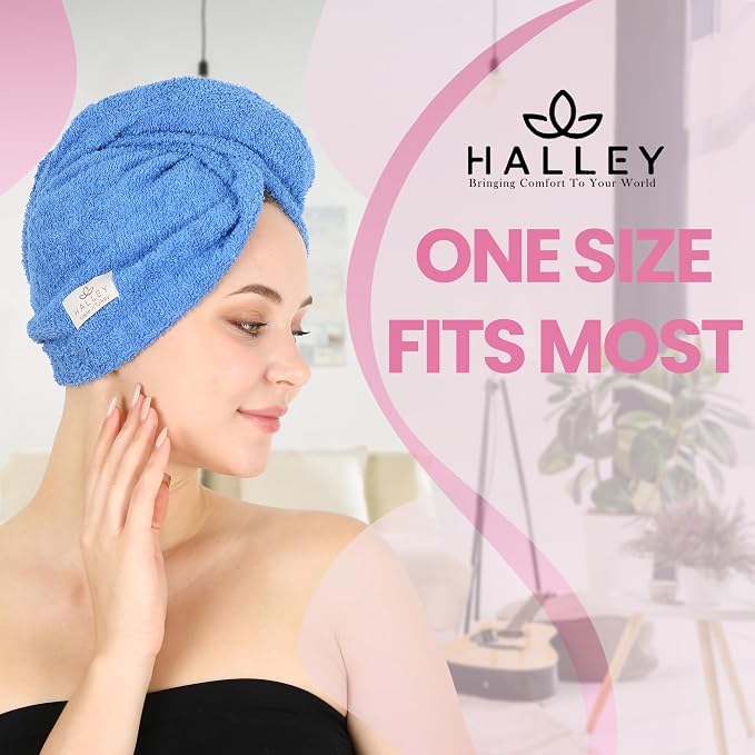 HALLEY Cotton Hair Towel Wrap (3 Packs) Super Absorbent Fast Drying Hair Towel for Thick Hair Turbans for Wet Hair with Button (Blue, White, Grey)