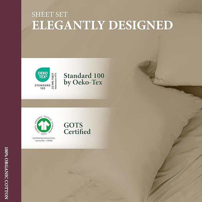 100% Organic Cotton Sheets Queen Size - Organic Cotton Queen Size Percale Weave Sheet Set (4 PC, Taupe), Soft, Cooling, Crisp & Breathable, 16" Deep Pocket Hotel Quality Bedding Set