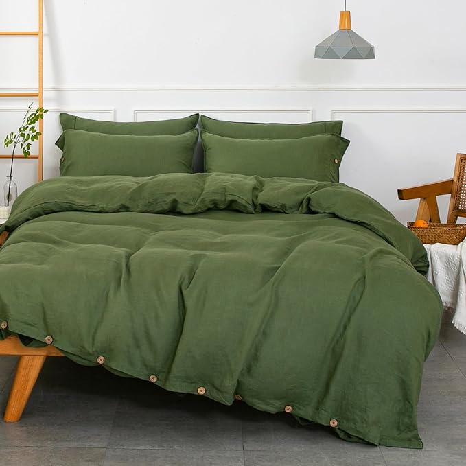 S VICTORY SYMBOL 100% Organic Linen Duvet Cover Set King Size 3pcs,Natural French Washed Flax Comforter Cover 106"x92"(1 Duvet Cover and 2 Pillowcases) Coconut Button Closure (Juniper Green)