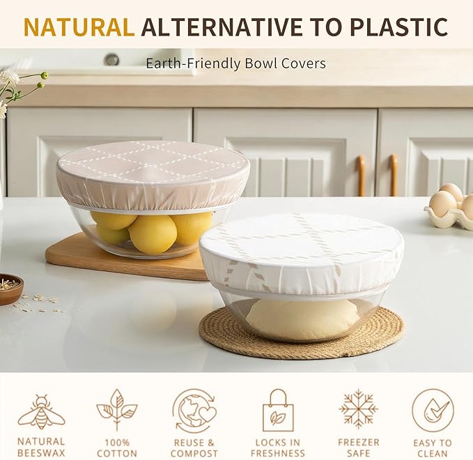 Reusable Beeswax Large Bowl Covers (2pc 12 Inch) – 100% Organic Cotton Elastic Food Covers for Sourdough Bread Proofing, Shower Caps for Dough Baskets, Beeswax Wraps, Bowl Covers, Bread Proofing Cover