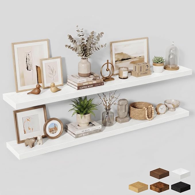 Fun Memories 72 Inch Fireplace Mantel Shelf, 10 Inch Deep Shelves for Display & Wall Storage, Rustic Wood Wall Shelf, Extra Long Floating Shelves for Living Room Laundry Room, White, Set of 2