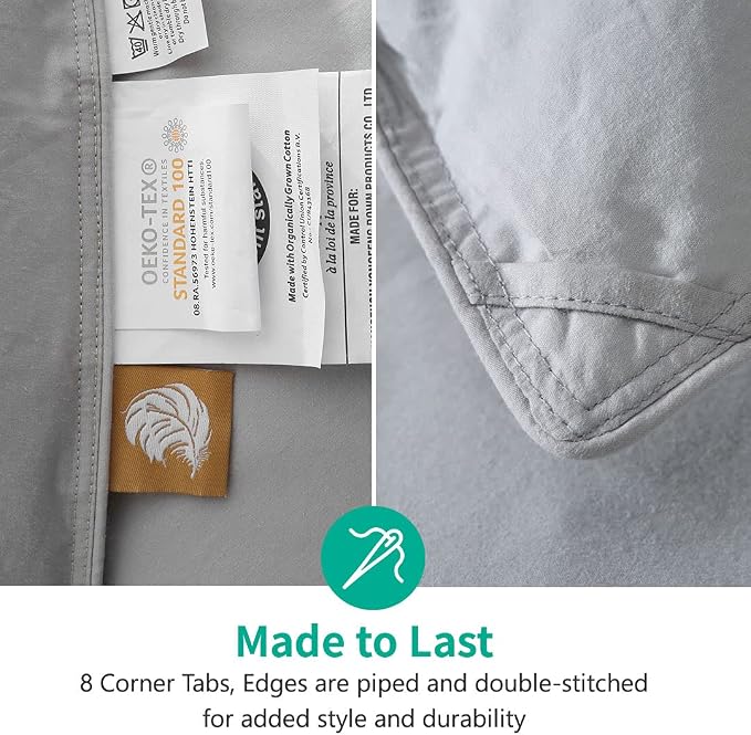 APSMILE Gray Feather Down Comforter California King, Organic All-Seasons Duvet Insert, 100% Cotton Quilted Medium Warm Bed Comforter (104x96, Cloud Grey)
