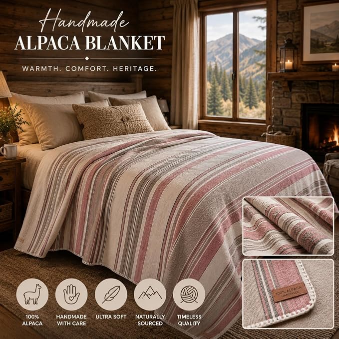 Alpaca Wool Throw Blanket, Rosé Stripes, Queen 95" x 65" | Ultra-Soft, Warm & Breathable, Hypoallergenic, Non-Itchy Alpaca Fabric, Lightweight for Couch, Bed & Travel