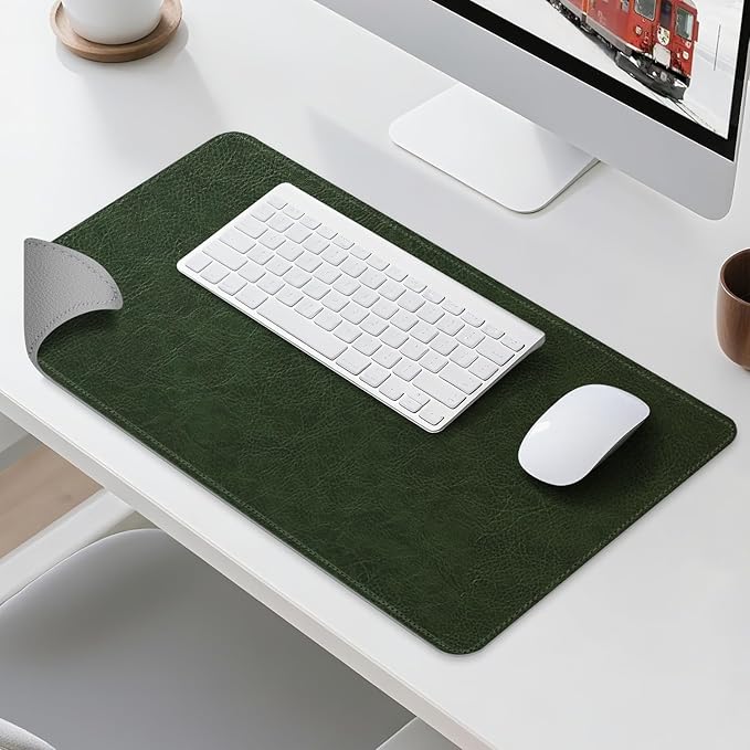 Imitation Crazy Horse Leather Desk Mat - Waterproof Desk Pad - Ideal for Large Mouse Pad and Desk Mats on Top of Desks (Green+Gray, 33"*13")