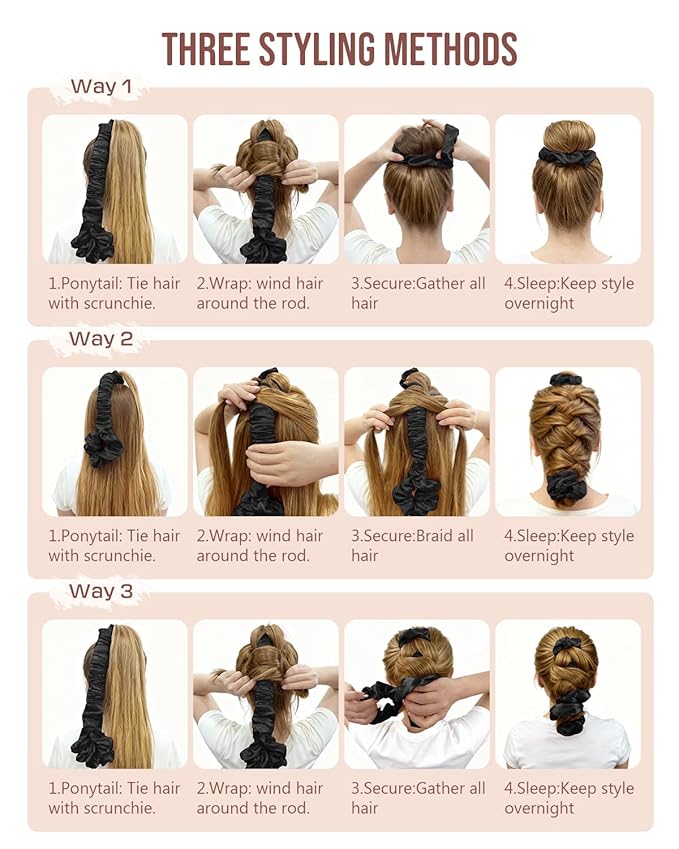 BONNET QUEEN Multi-function Satin Heatless Hair Curler & Hair Tie Non-Heating Hair Roller Curling Rod with Scrunchie, Large, Black(For Big Curls)