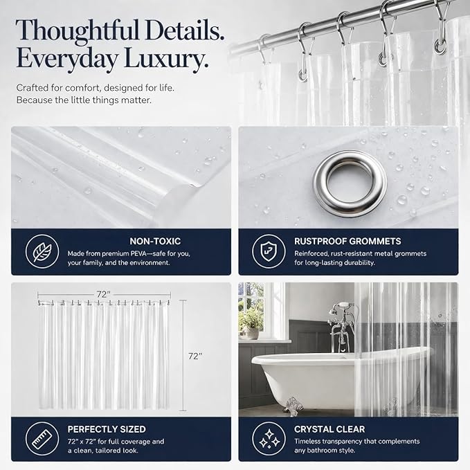 EHZNZIE White Shower Curtain Liner 36x72, PEVA Waterproof Bath Curtain, No Chemical Smell, 2 Weighted Magnets, Durable with Rustproof Metal Grommets