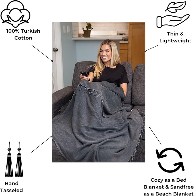 Stonewashed Turkish Throw Blanket - 100% Organic Cotton - 80" x 48" - Soft, Lightweight, Cozy - for Couch, Sofa, Picnic, Yoga - Charcoal Grey
