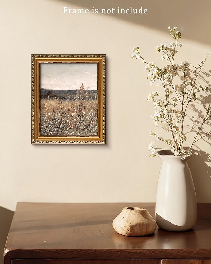 Wildflower Field Landscape Vintage Canvas Wall Art, Vertical Country Landscape Print for Home Decor, Farmhouse Muted Paintings Art Picture Aesthetic for Bedroom Bathroom Living Room Office Decor (8" x 10"-UNFRAMED)