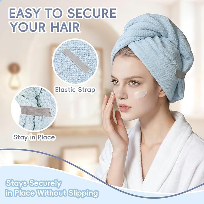 Large Microfiber Hair Towel for Women, Super Soft Absorbent Quick Dry Hair Towel Wrap with Elastic Band, Fast Drying Anti Frizz Hair Turban for Curly Long Thick Wet Hair Care 24''x40'' (Blue)