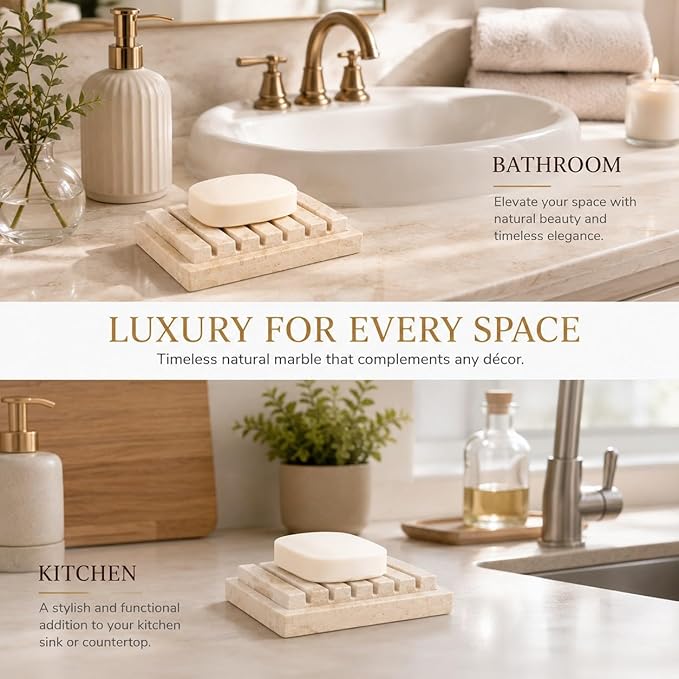 Creative Home 2-Piece Natural Champagne Marble Soap Dish Set with Elevated Slotted Tray, Luxury Bathroom Soap Holder for Vanity, Kitchen Sink & Spa Countertop