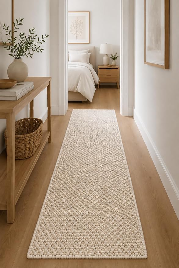 Wool Runner Rug - Handmade Natural Wool Carpet Rug, Textured Design, Handwoven Ivory Rug - Suitable for Hallway, Entryway, Bedroom, Dining Room (Ivory- 2.5'x8')