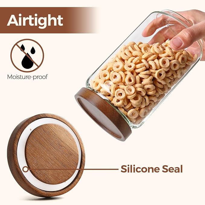 ComSaf 3Pcs (1.7Qt) Airtight Glass Pasta Storage Containers with Acacia Wood Lids, Tall Pantry Storage Container for Organizing Spaghetti and Pasta, Thick Glass Spaghetti Container with Pasta Labels