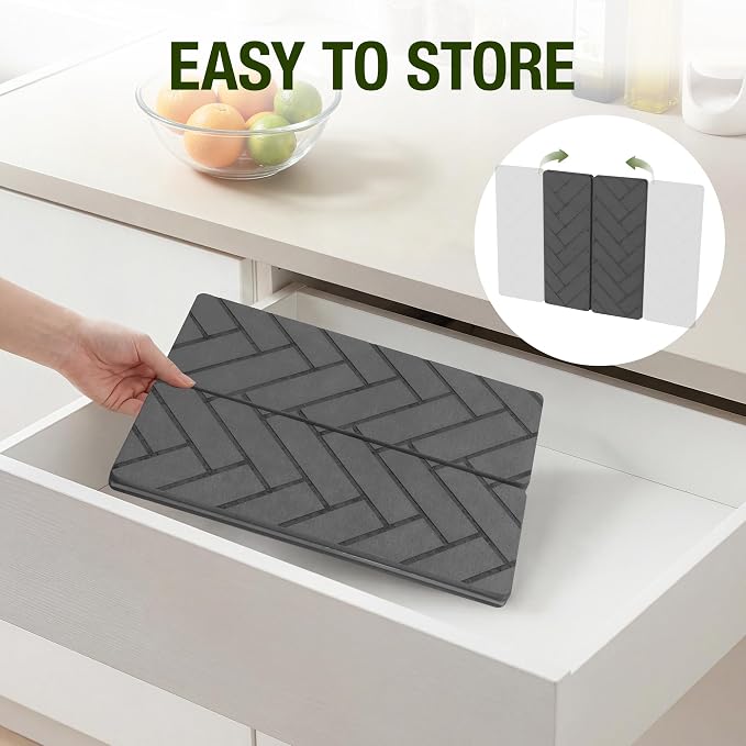 Large Stone Dish Drying Mat for Kitchen Counter,24"×16",Foldable Super Absorbent and Quick Dry Diatomaceous Earth Stone Drying Mat,for Bottles Cups Dishes,Non-slip,Match Any Countertop