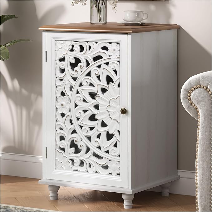 JOINICE Accent Cabinet with Hand-Carved Door for Living Room/Bedroom | Hand-Carved Floral Design, Boho/Farmhouse/Rustic Style, Space-Saving, Sofa Table/End table, Solid Wood Legs, Adjustable Shelf