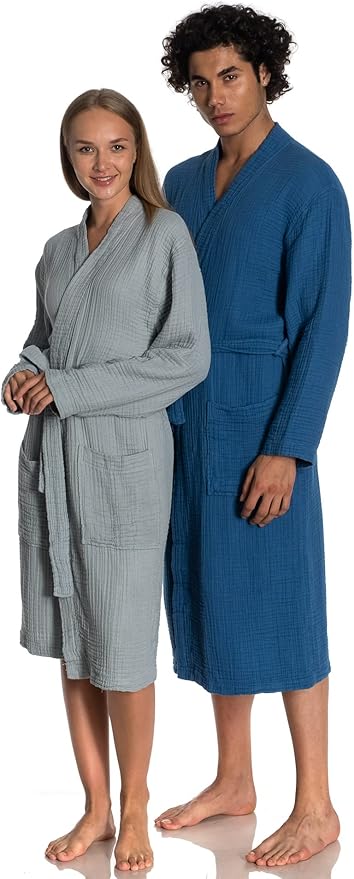 Muslin Unisex Bathrobe Women & Men, 100% Cotton Kimono Lightweight Robe | Long Robes Soft, Absorbent, Spa robes