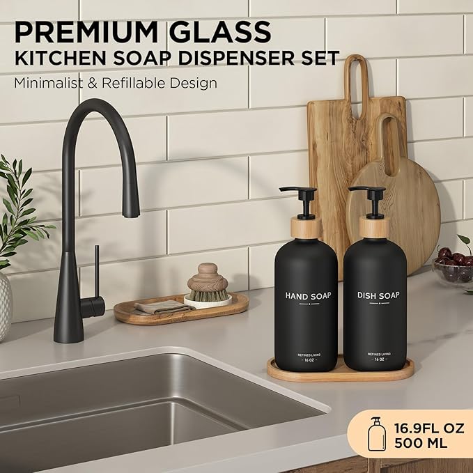 Hand and Dish Soap Dispenser Set,16oz Glass Bottles with Bamboo Pumps & Tray,Countertop Soap Dispensers for Kitchen,Luxury, Minimalist & Farmhouse Decor