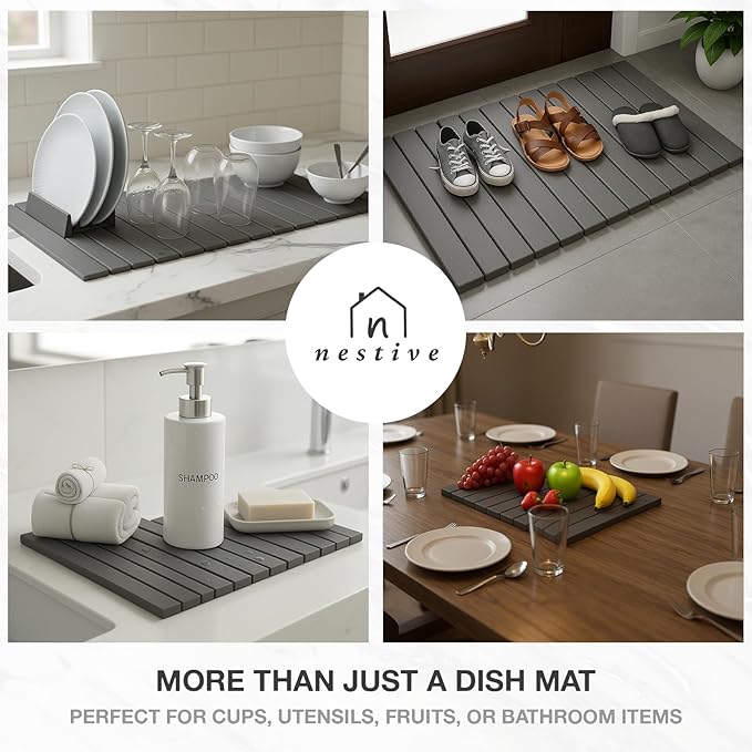 Large Stone Drying Mat for Kitchen Counter | 24"x16" | Fast Drying Collapsible Diatomaceous-Earth Mat | Super Absorbent Folding Mat for Dishes, Bottles, Glass, Heat-Resistant, Non-Slip (Dark Gray)