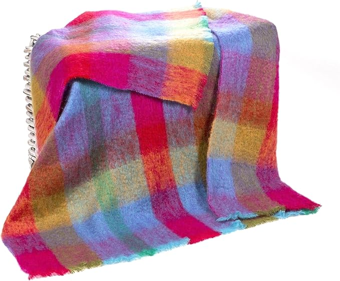 Biddy Murphy Ultra Soft Irish Mohair & Wool Throw Blanket, Made in Ireland, 54"x72", Bright Pink Mustard Purple & Aqua Block Check