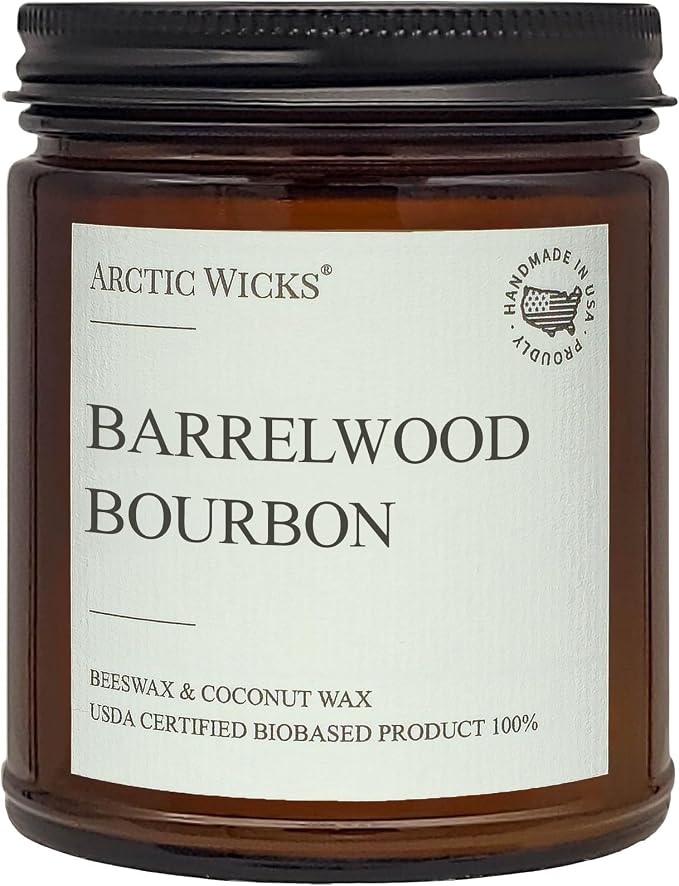 Arctic Wicks Scented Coconut Beeswax Candles | Coconut Beeswax Non Toxic Candle 9oz Amber | Farmhouse Candles Non-Toxic Clean Burn 100% USDA Certified Biobased (Barrelwood Bourbon)