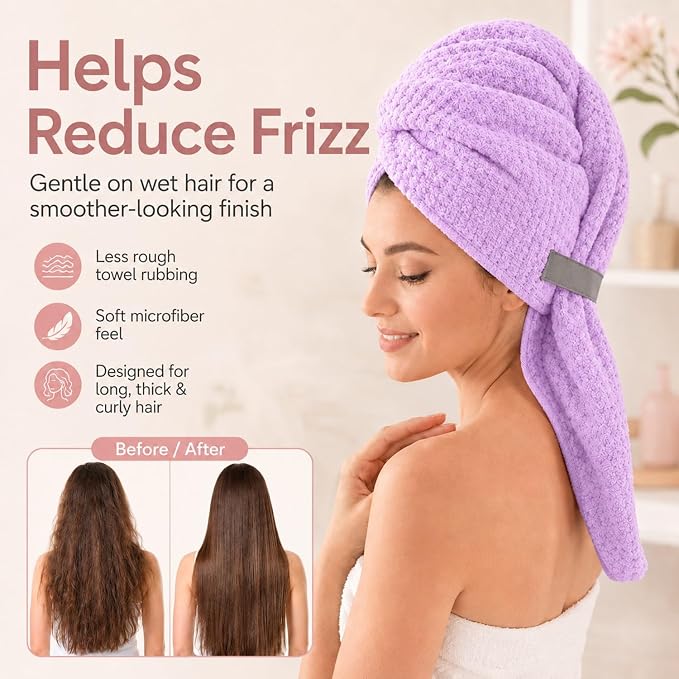 Large Hair Towel Wrap for Women, Quick-Dry Turban, Ultra Absorbent & Anti-Frizz, Ideal for Long, Thick & Curly Hair, Soft Lightweight Microfiber Drying Towel (24x42, Purple)