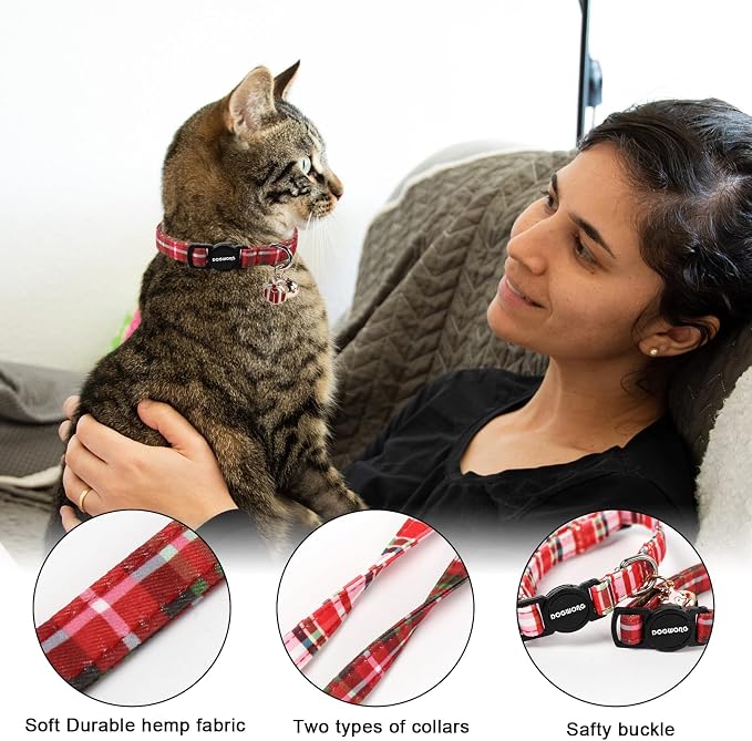 2 Pack Christmas Plaid Cat Collars Breakaway with Bell, DOGWONG Safety Buckle Red Plaid Cute Cat Collar for Girl Boy Cats，Adjustable 7-12 Inch