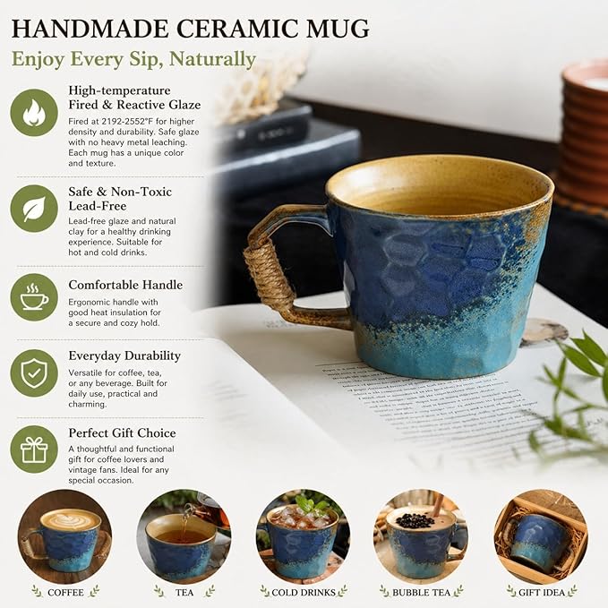 10oz Retro Vintage Japanese Style Handmade Ceramic Tea Cup with Handle, Lead-Free Reactive Glaze Artisanal Coffee Mug, Comfortable handle Handmade Pottery Tea Mug for office and home,Blue